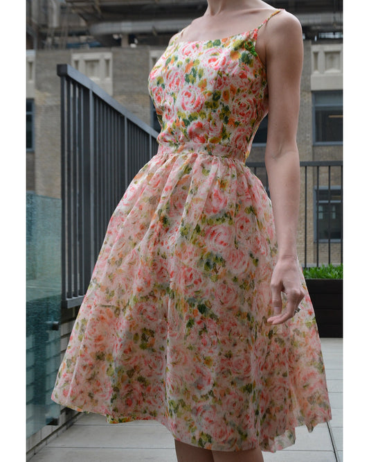 Vintage 1950s Floral Silk Wiggle Dress with Organza Overskirt