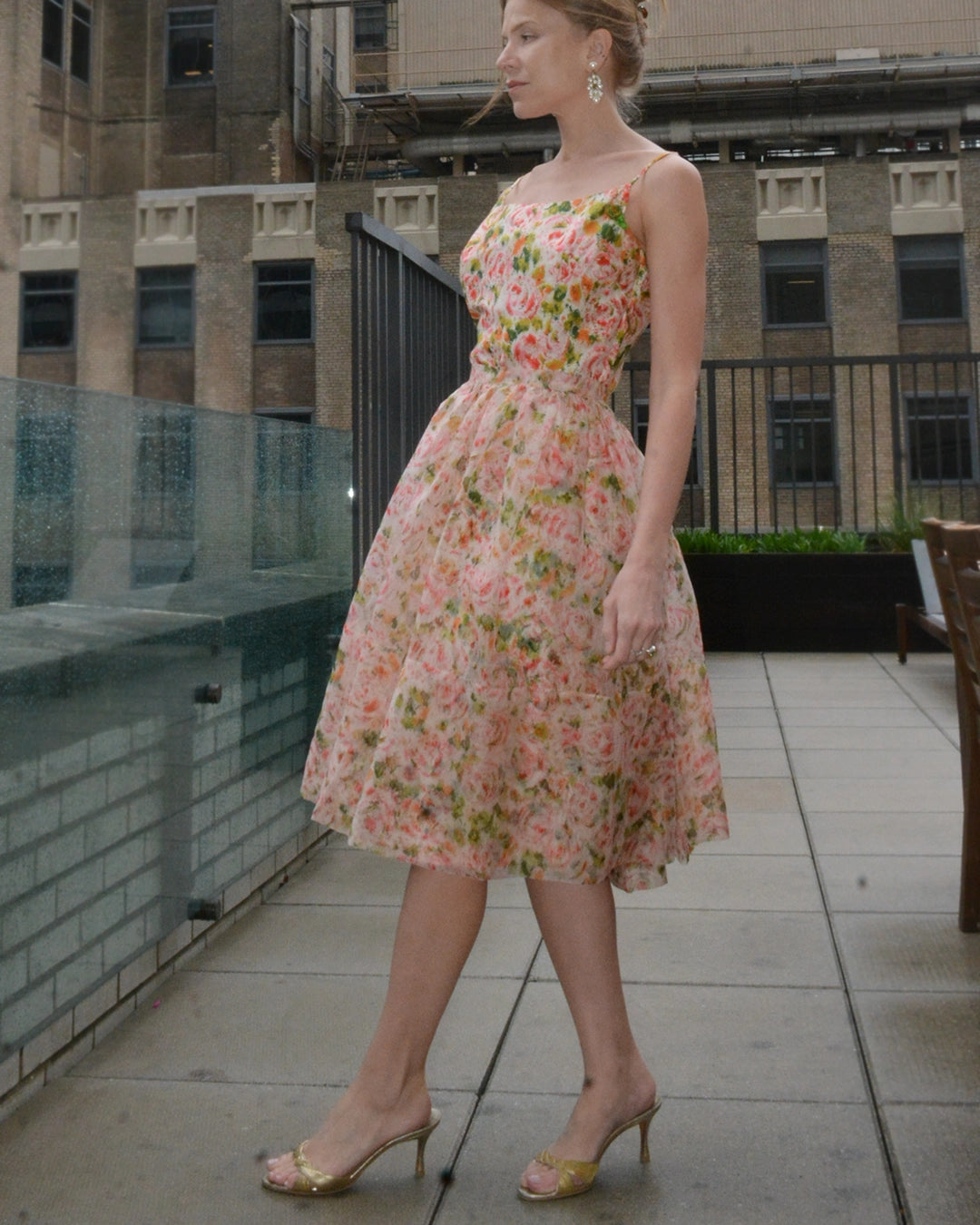 Vintage 1950s Floral Silk Wiggle Dress with Organza Overskirt