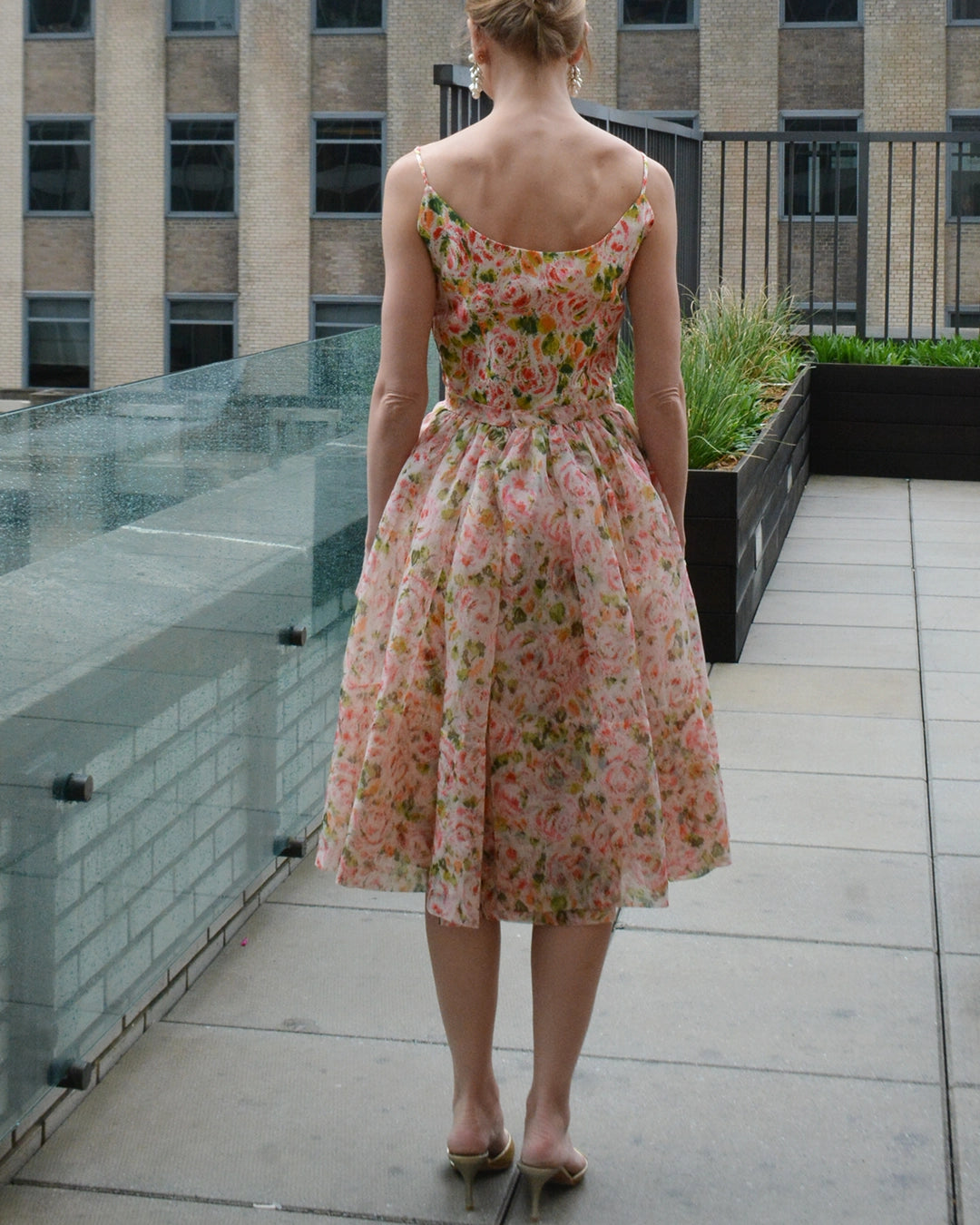 Vintage 1950s Floral Silk Wiggle Dress with Organza Overskirt