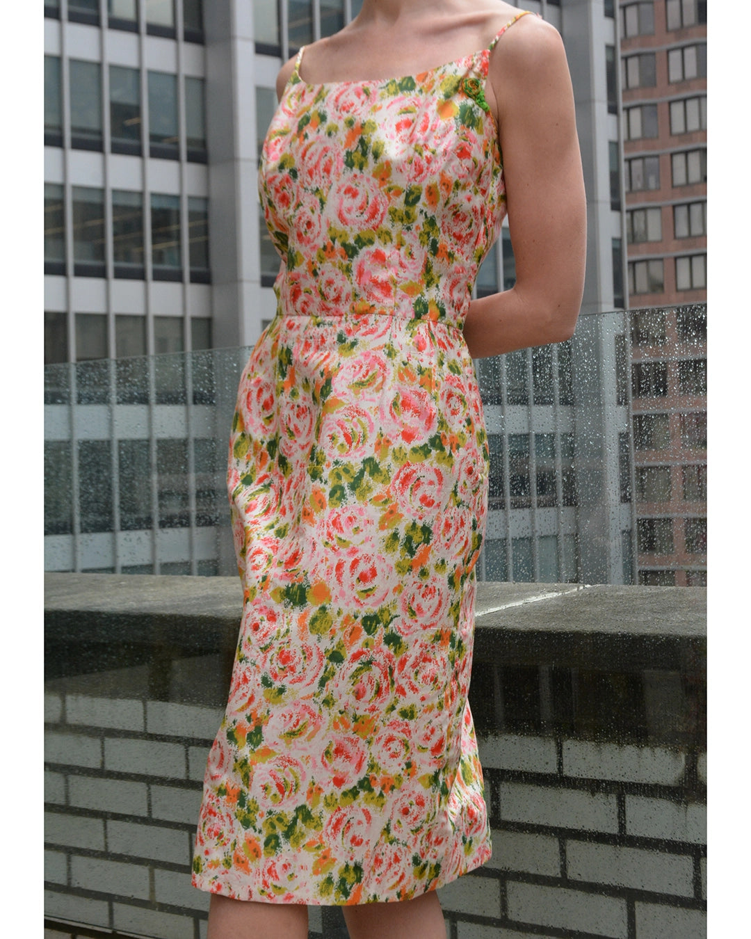 Vintage 1950s Floral Silk Wiggle Dress with Organza Overskirt