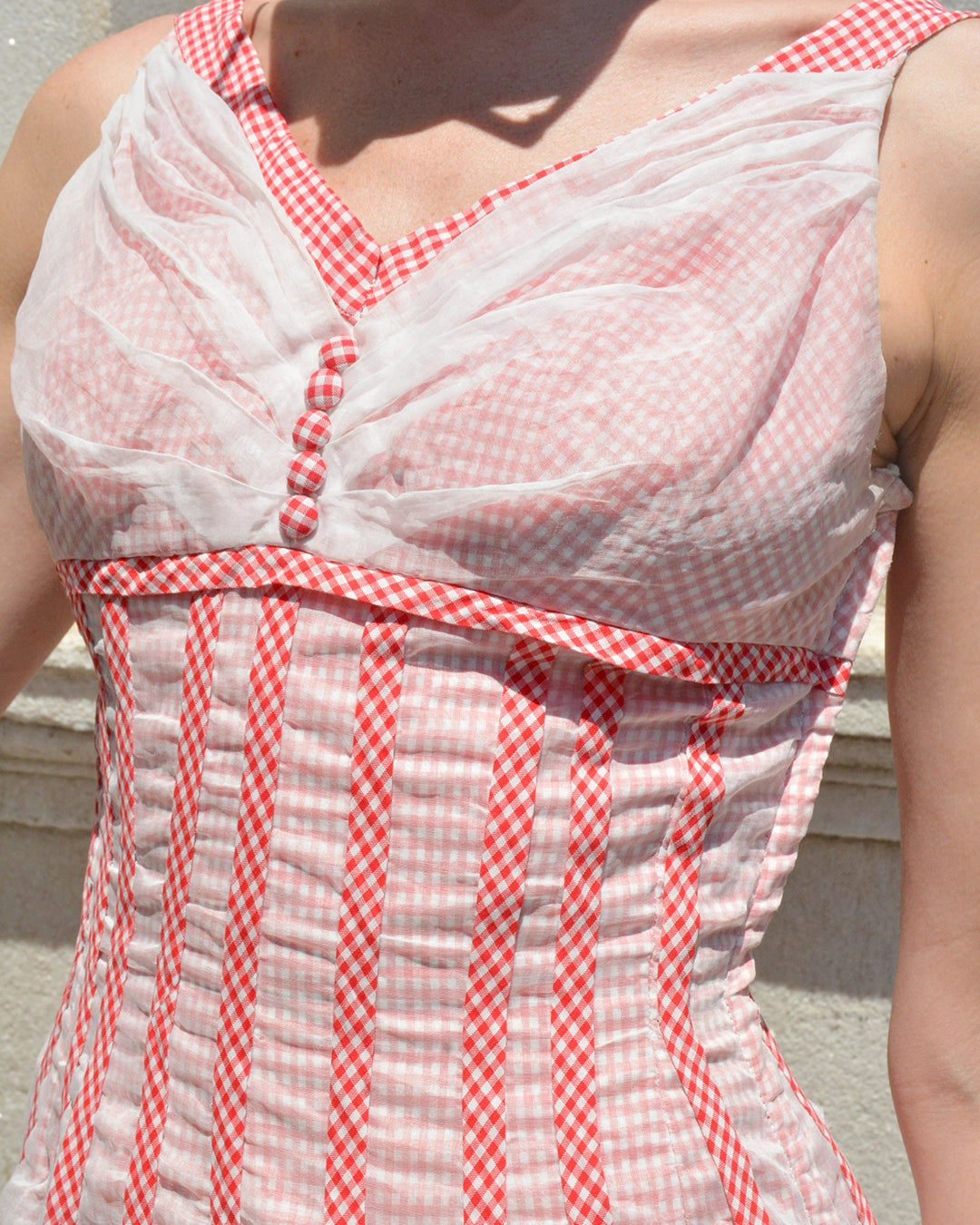 Vintage 1950s Gingham Fit and Flare Dress with Organdy Overlay