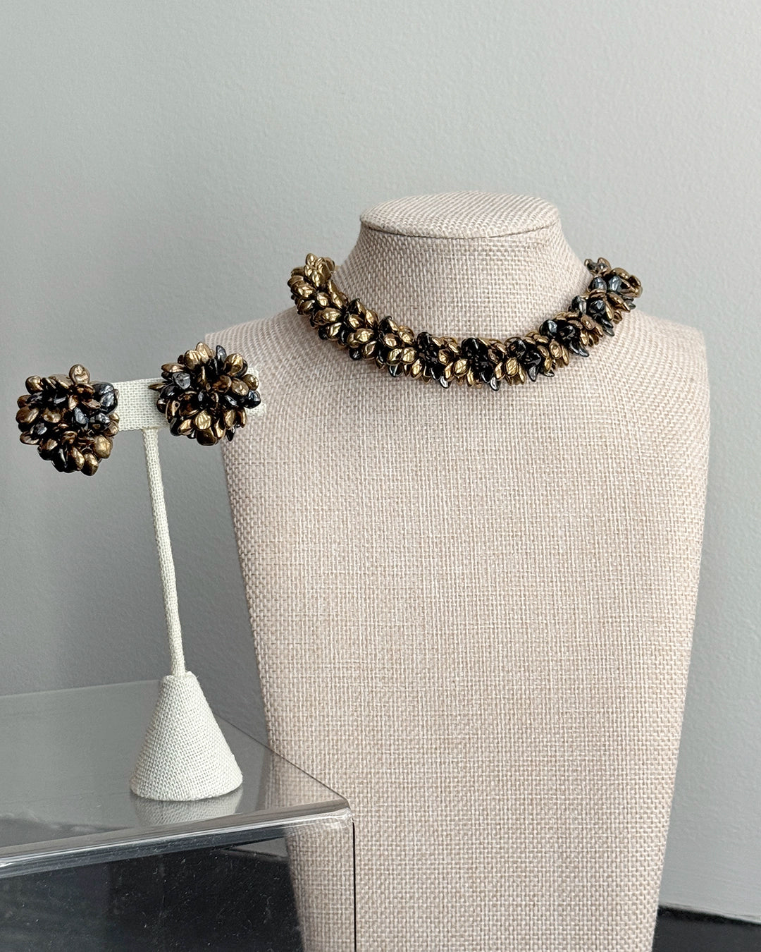 Vintage 1950s Miriam Haskell Style Abstract Leaf Demi-Parure, Necklace and Earrings Set