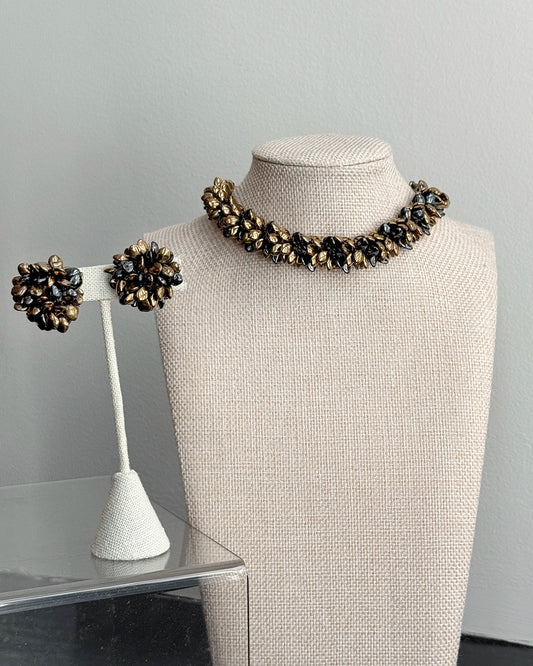 Vintage 1950s Miriam Haskell Style Abstract Leaf Demi-Parure, Necklace and Earrings Set