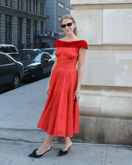 Vintage 1950s Red Lace and Velvet Fit and Flare Dress with Off-the-Shoulder Neckline