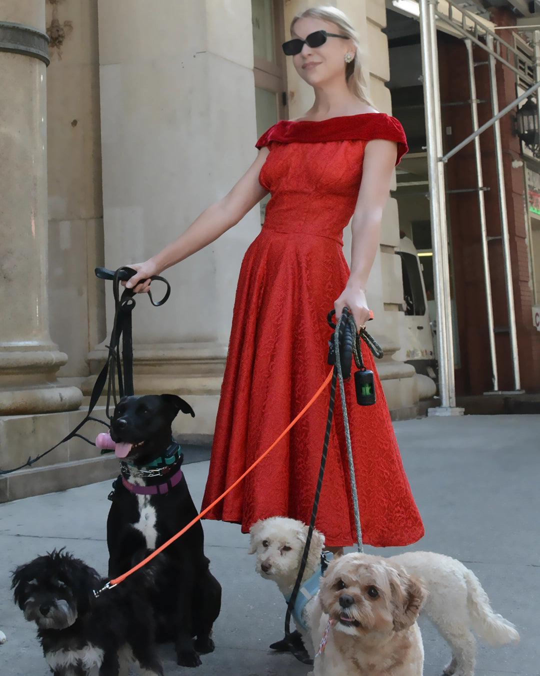 Vintage 1950s Red Lace and Velvet Fit and Flare Dress with Off-the-Shoulder Neckline