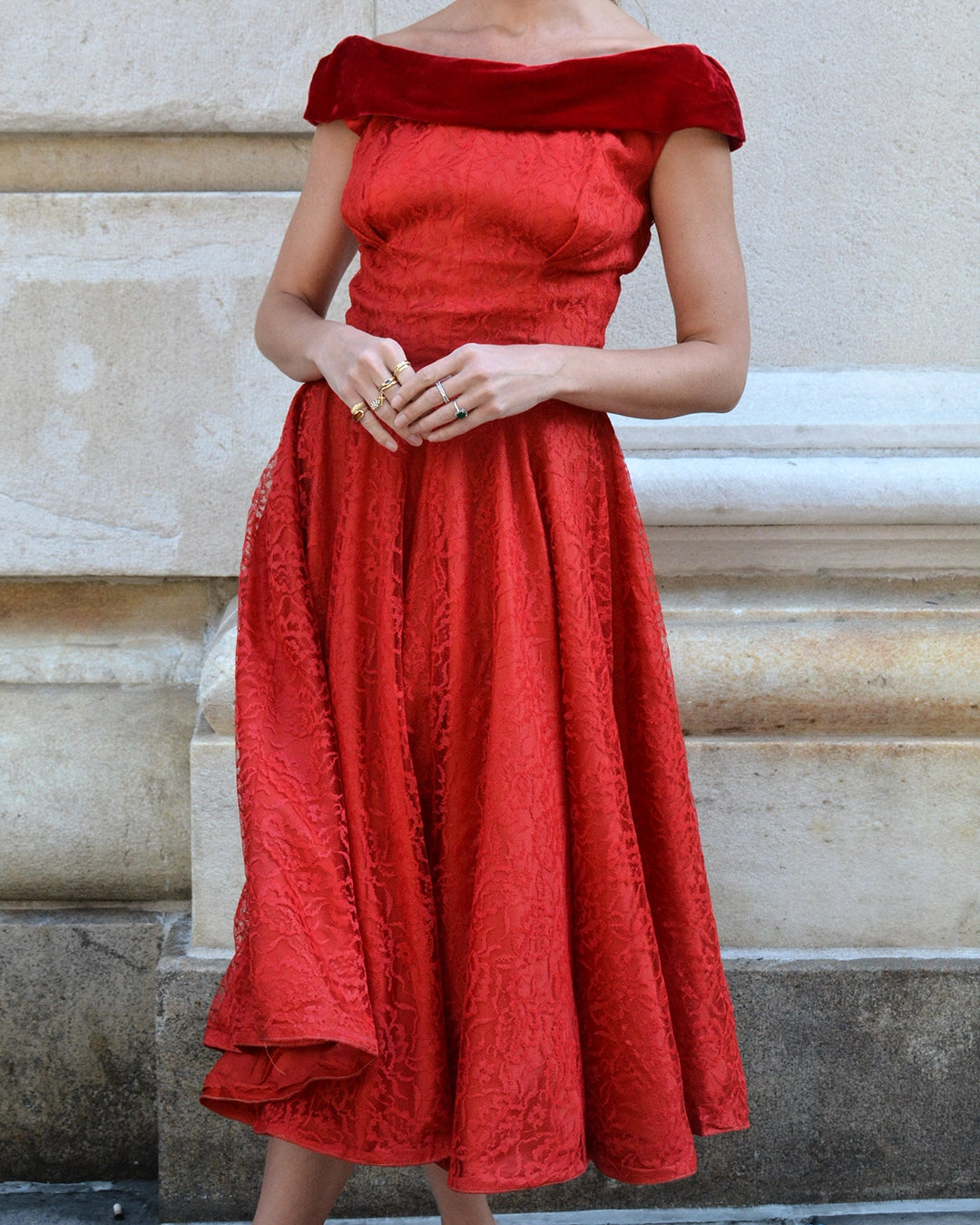 Vintage 1950s Red Lace and Velvet Fit and Flare Dress with Off-the-Shoulder Neckline