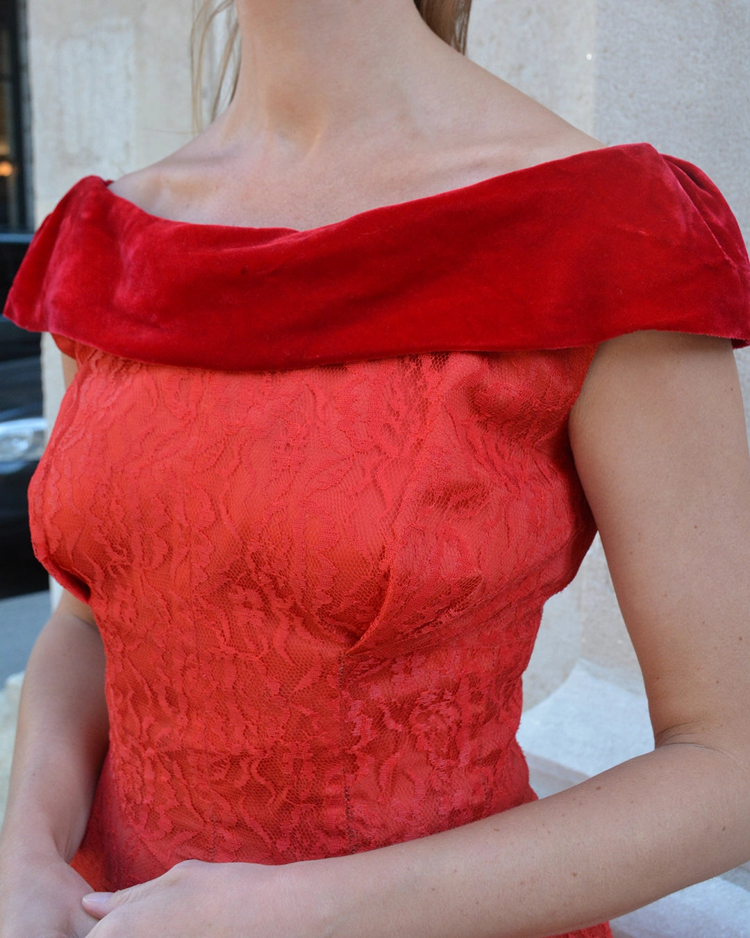 Vintage 1950s Red Lace and Velvet Fit and Flare Dress with Off-the-Shoulder Neckline