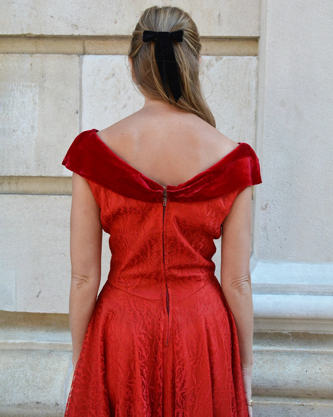 Vintage 1950s Red Lace and Velvet Fit and Flare Dress with Off-the-Shoulder Neckline