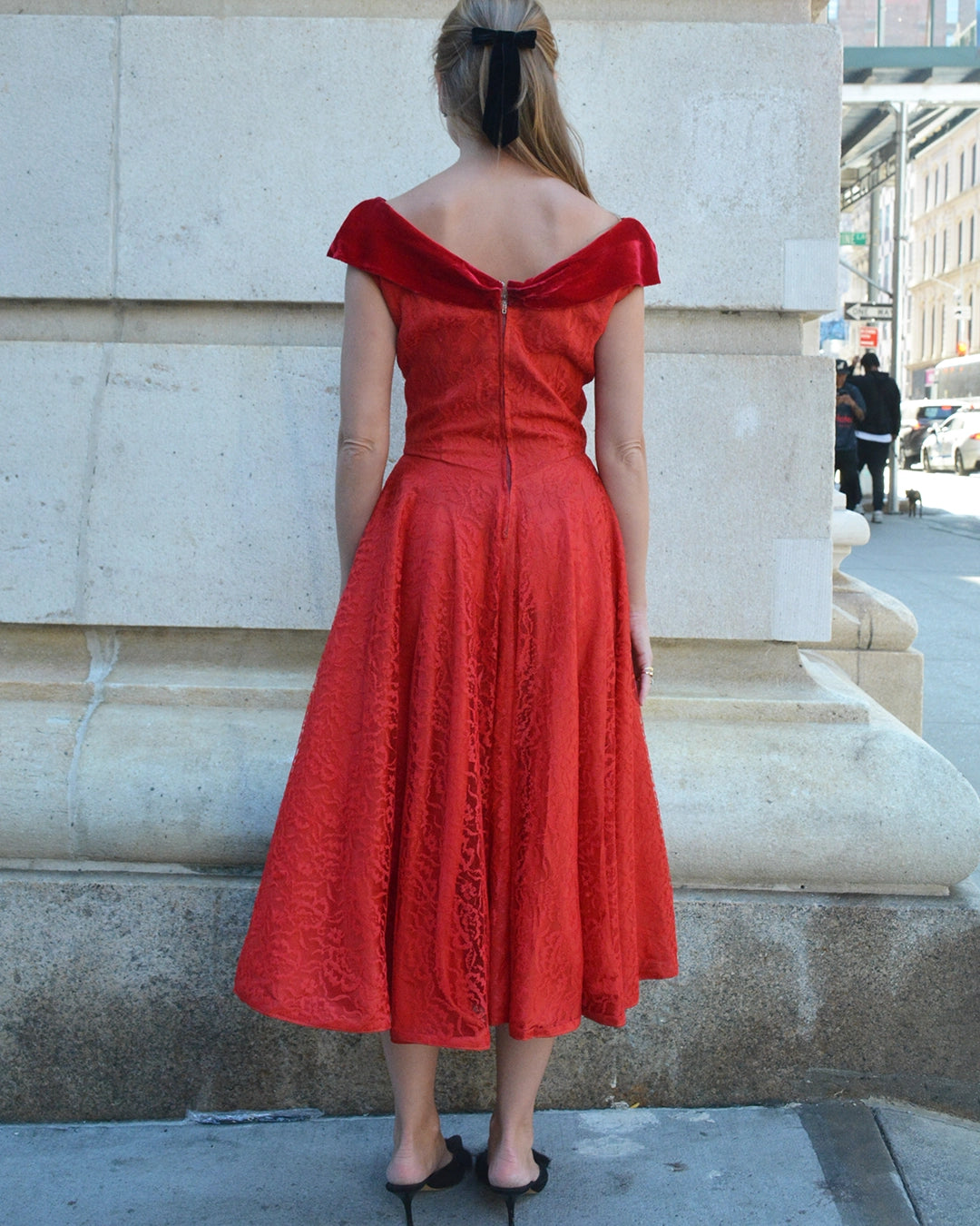 Vintage 1950s Red Lace and Velvet Fit and Flare Dress with Off-the-Shoulder Neckline