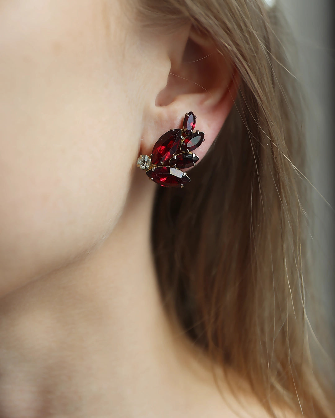 Vintage 1950s Ruby Crystal Ear Climber Earrings, attributed to Juliana