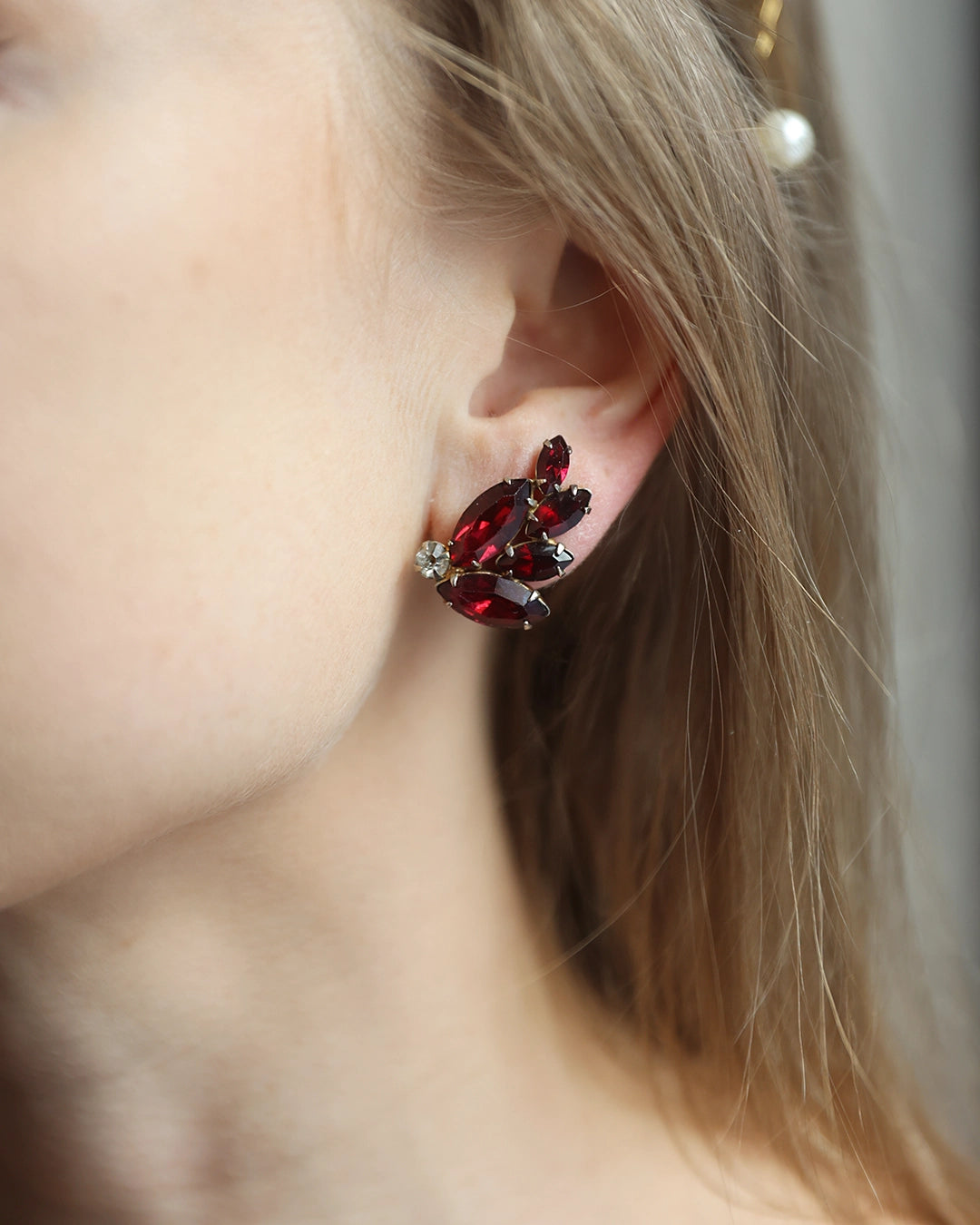 Vintage 1950s Ruby Crystal Ear Climber Earrings, attributed to Juliana