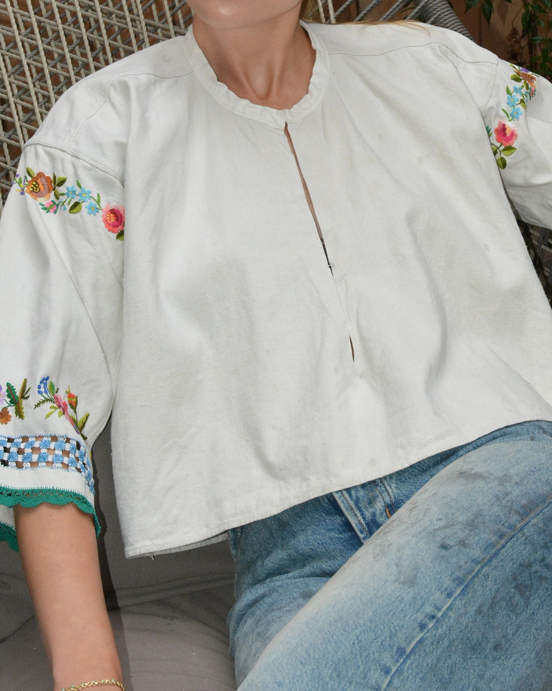 Vintage 1950s Slavic Hand-Embroidered Linen Peasant Blouse