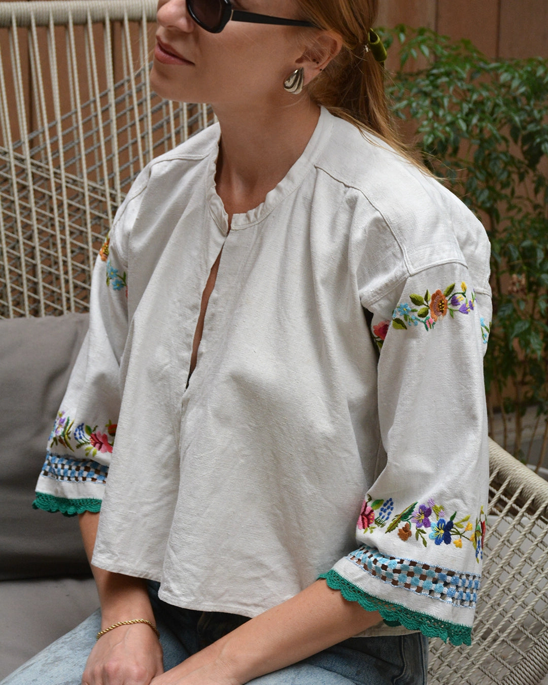 Vintage 1950s Slavic Hand-Embroidered Linen Peasant Blouse