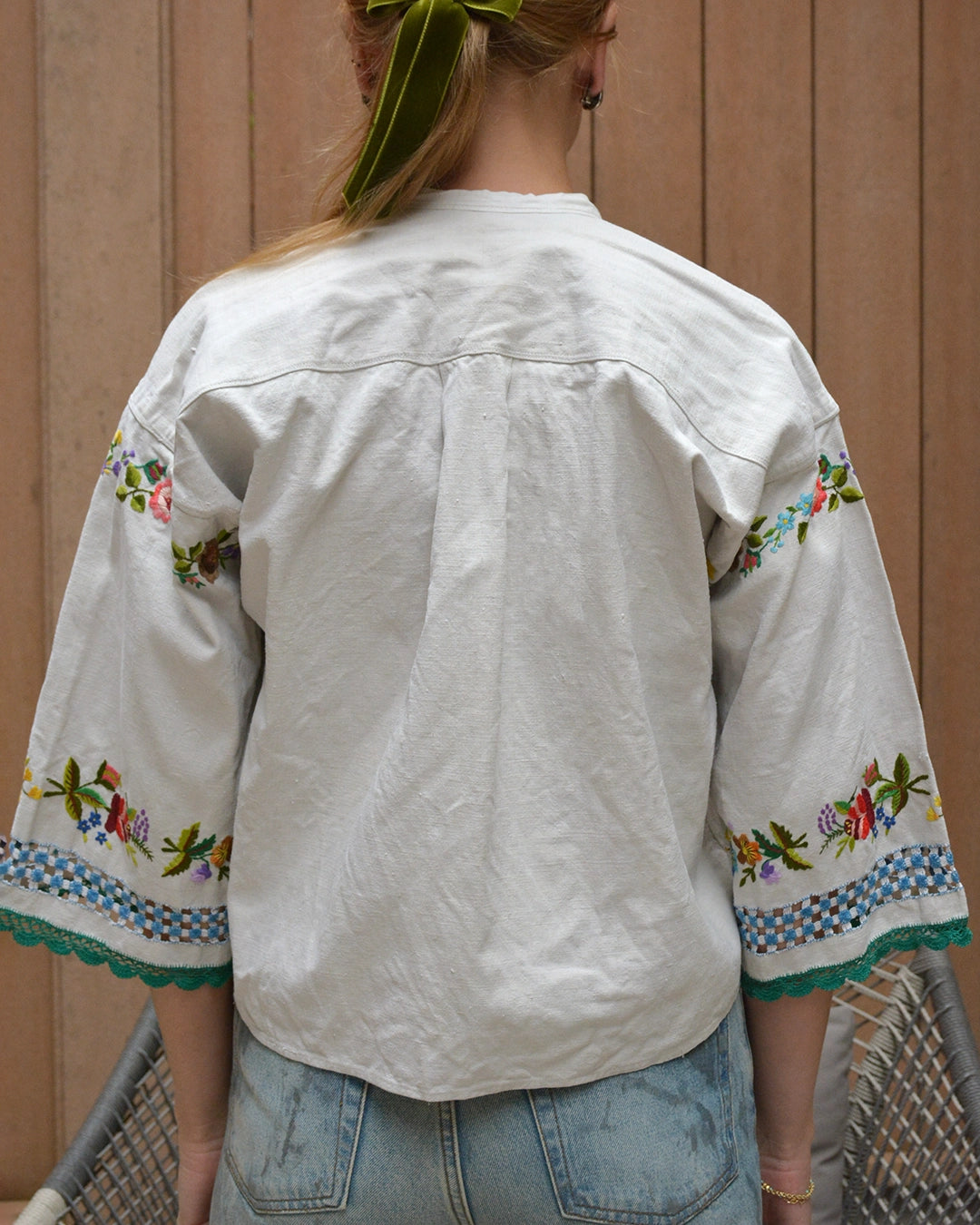 Vintage 1950s Slavic Hand-Embroidered Linen Peasant Blouse