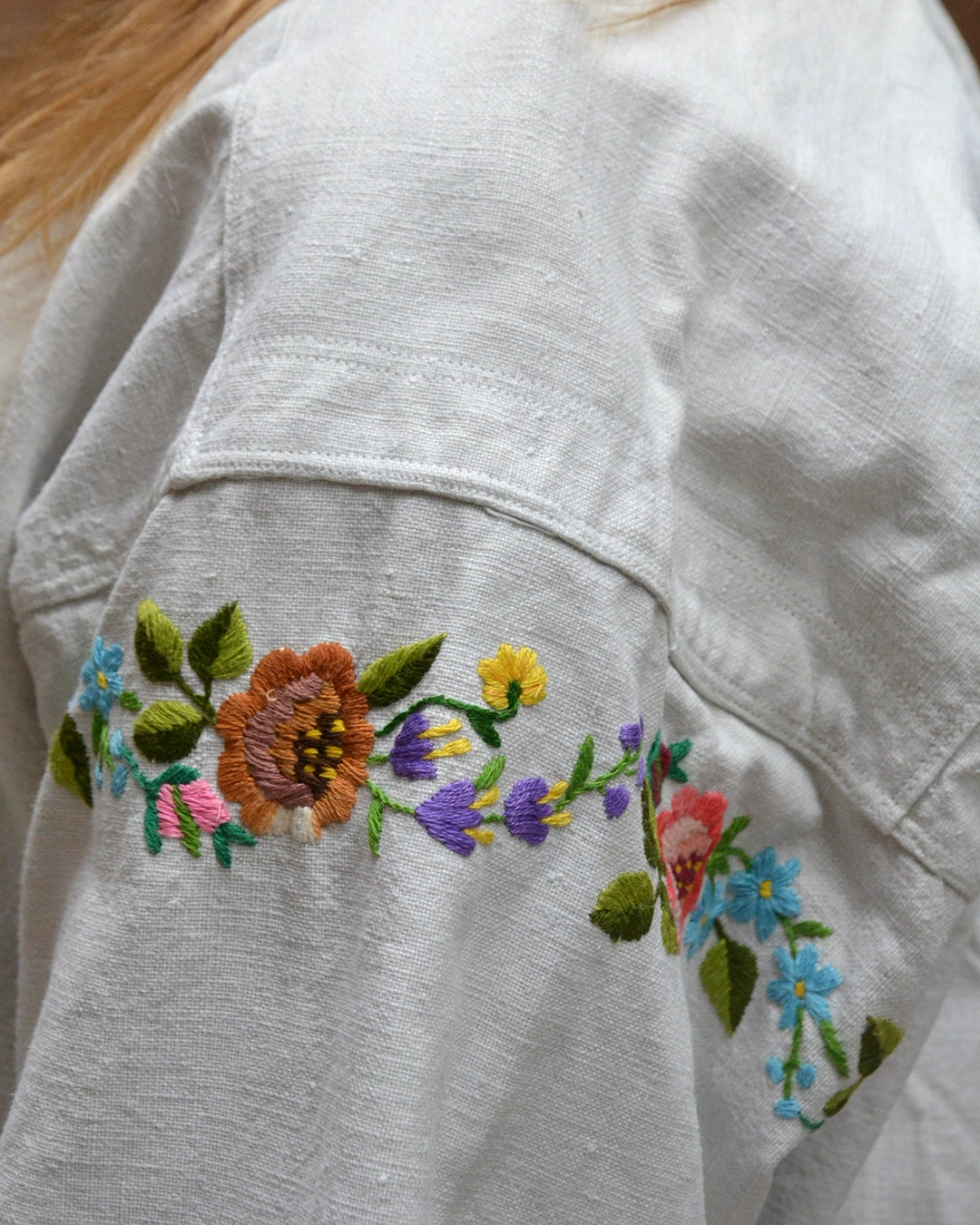 Vintage 1950s Slavic Hand-Embroidered Linen Peasant Blouse