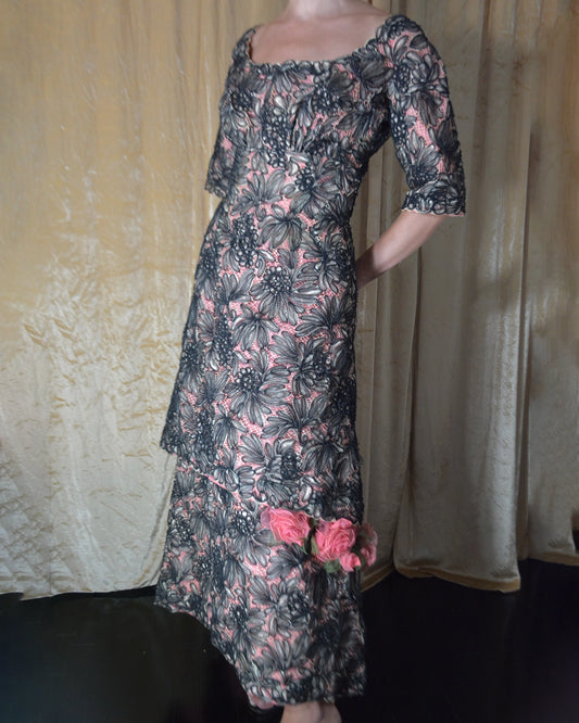 Vintage 1950s Tulle-Embroidered Lace Gown with Floral Appliqué