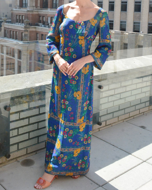 Vintage 1960s Folkloric Floral Print Silk Gown