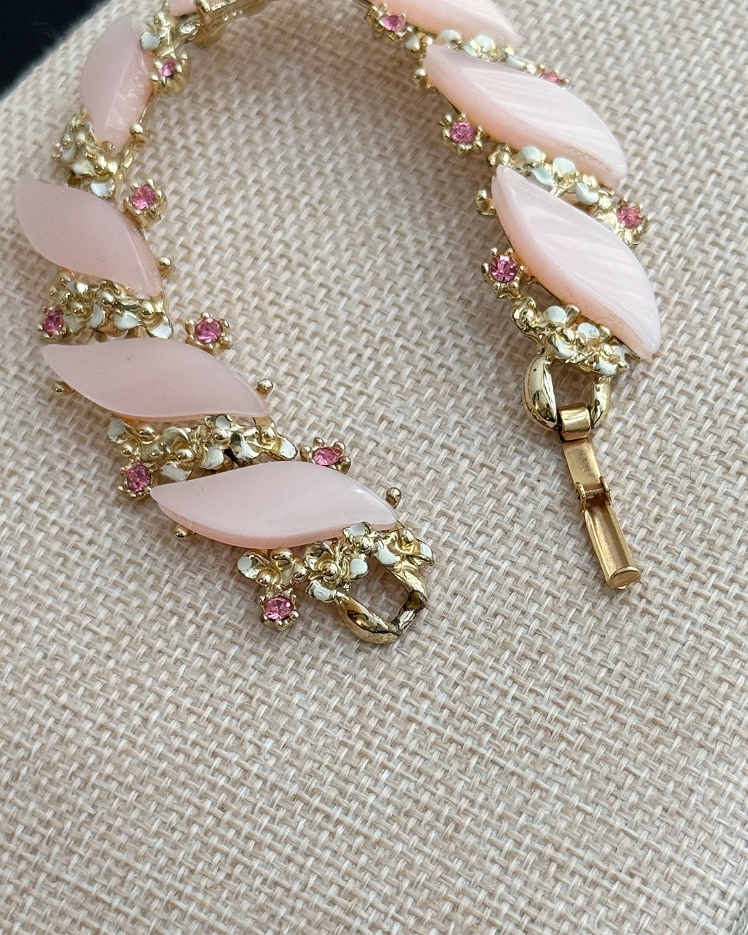 Vintage 1960s Moonglow Lucite Bracelet with Hand-Enameled Details