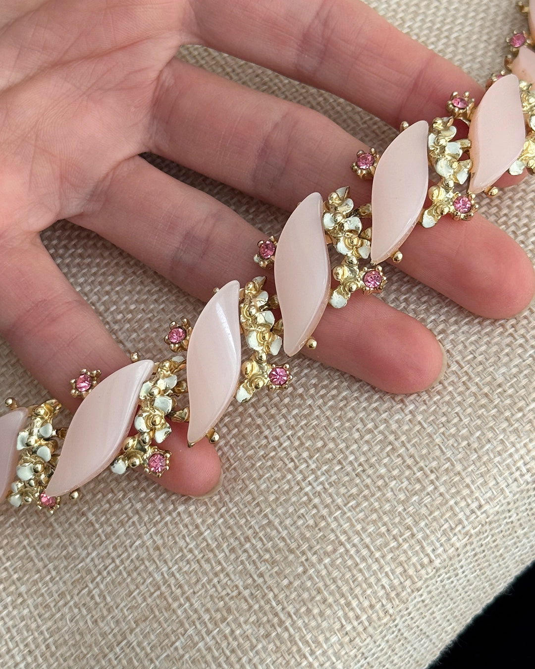Vintage 1960s Moonglow Lucite Bracelet with Hand-Enameled Details