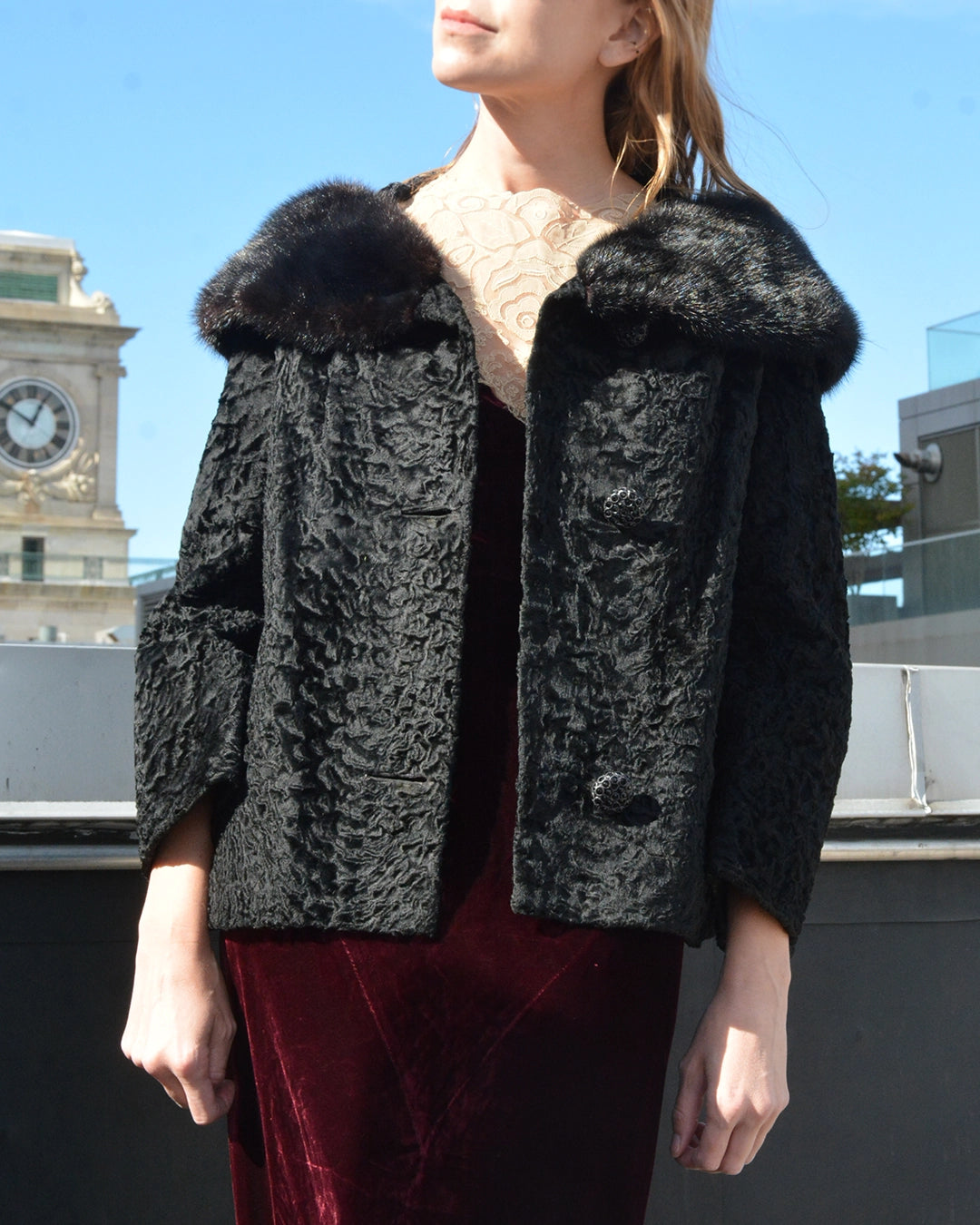 Vintage 1960s Persian Lamb Cropped Coat with Mink Collar
