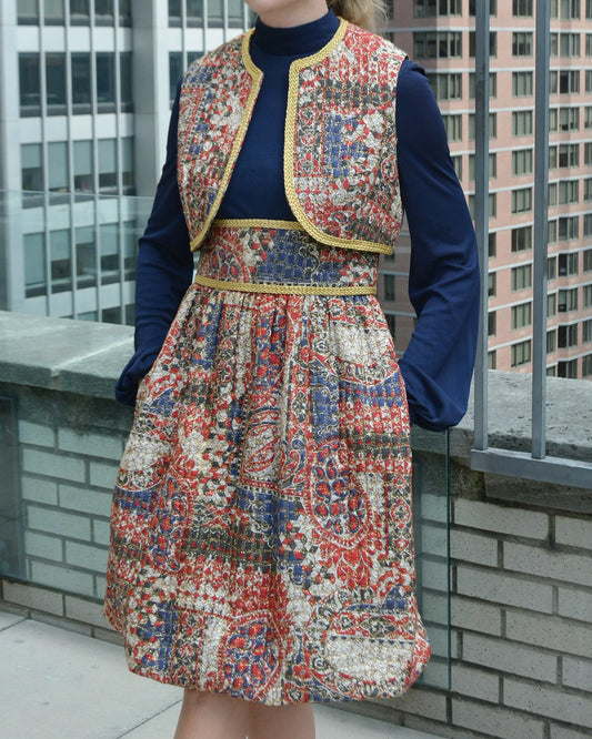 Vintage 1960s Quilted Dress Set with Matching Vest