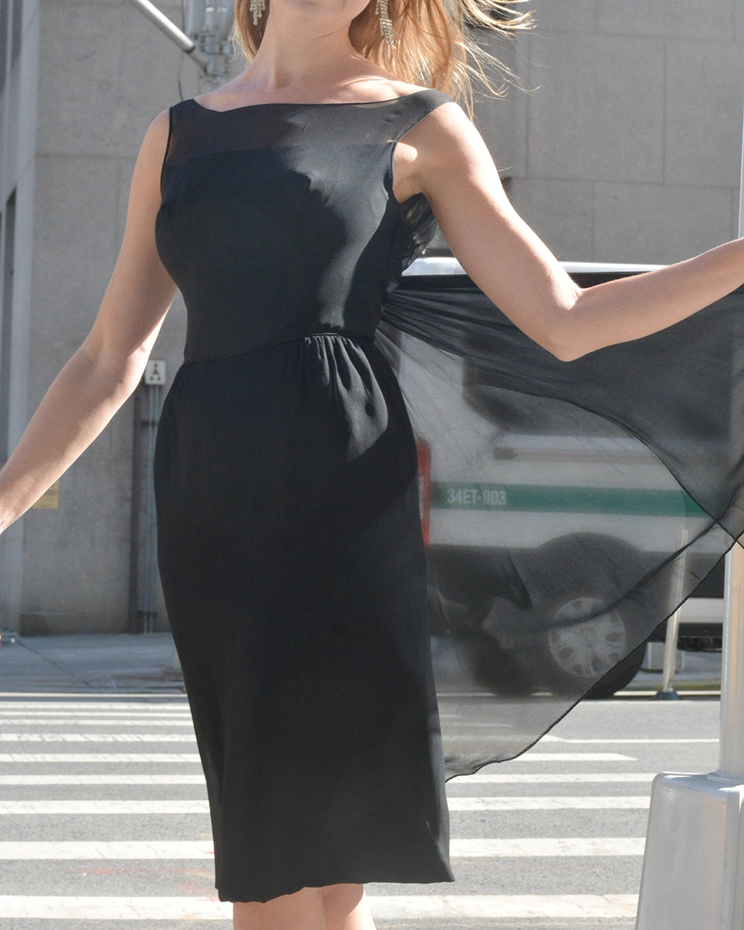 Vintage 1960s Silk Chiffon Waterfall Cape Back Cocktail Dress