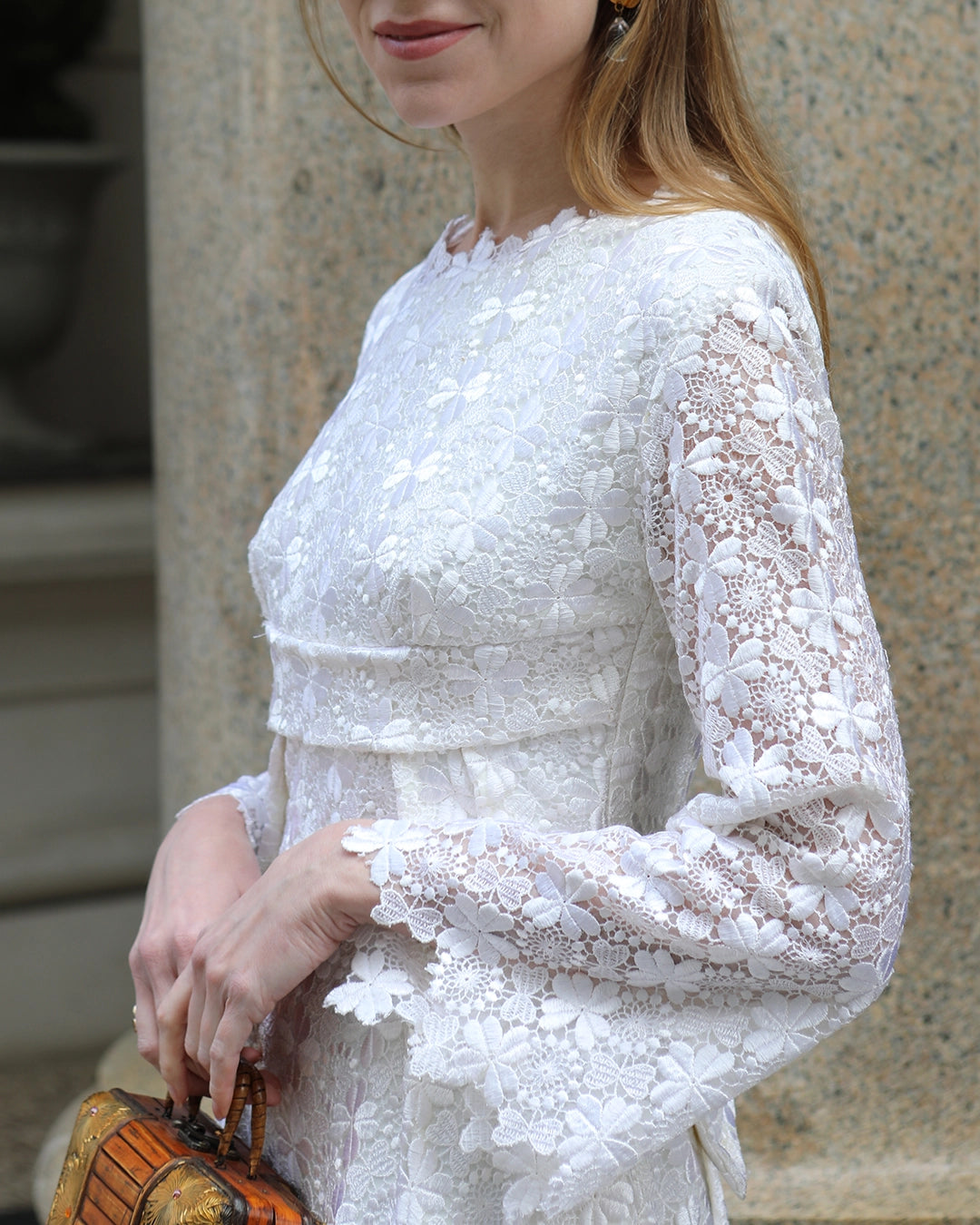 Vintage 1960s White Crochet Lace Empire Waist Dress