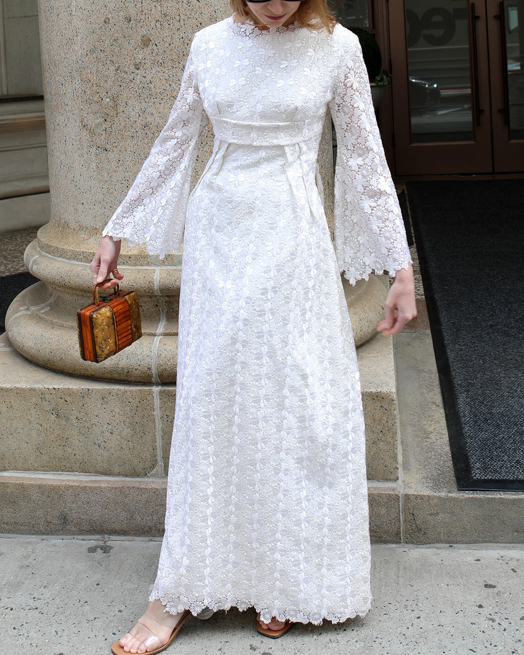 Vintage 1960s White Crochet Lace Empire Waist Dress