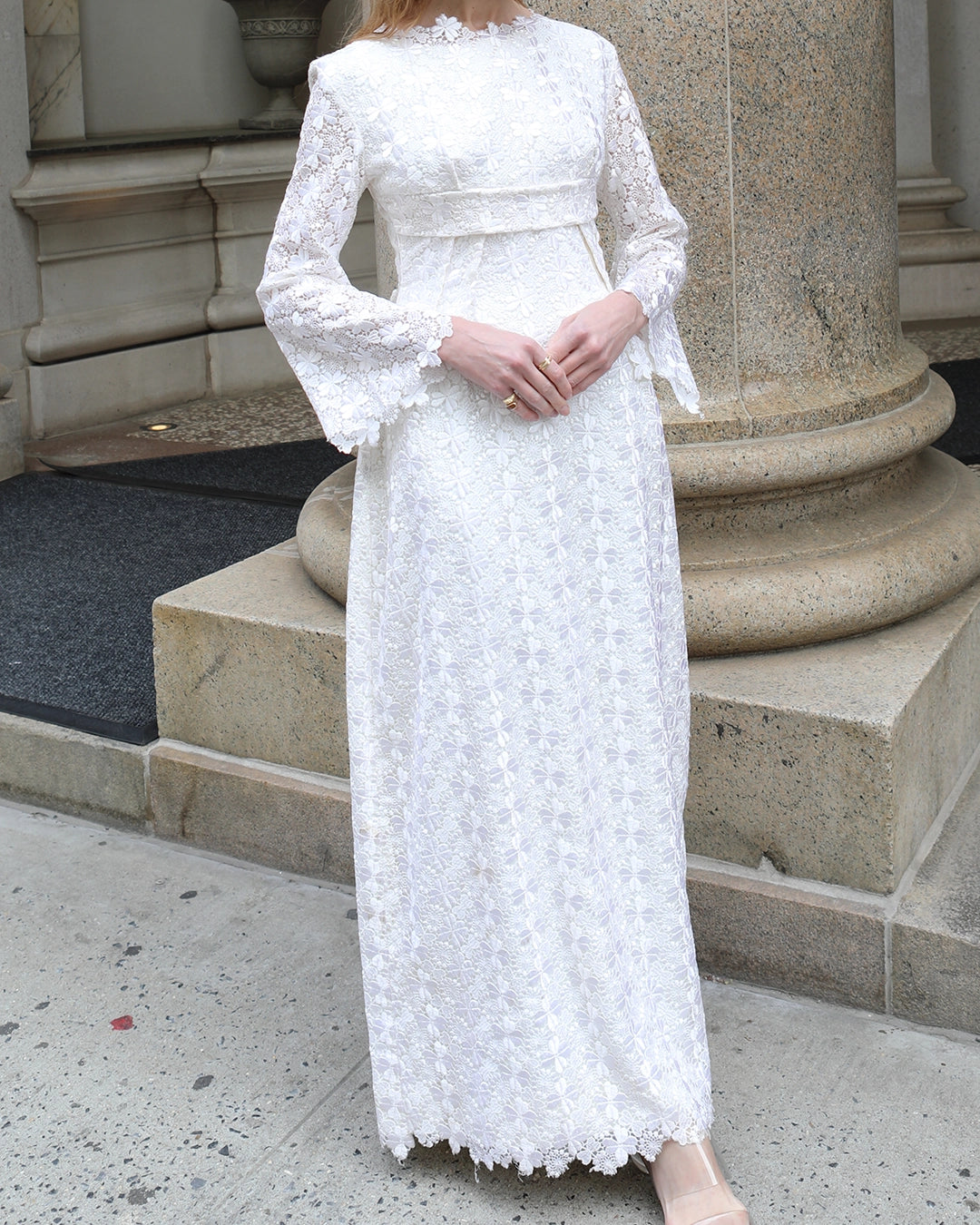 Vintage 1960s White Crochet Lace Empire Waist Dress
