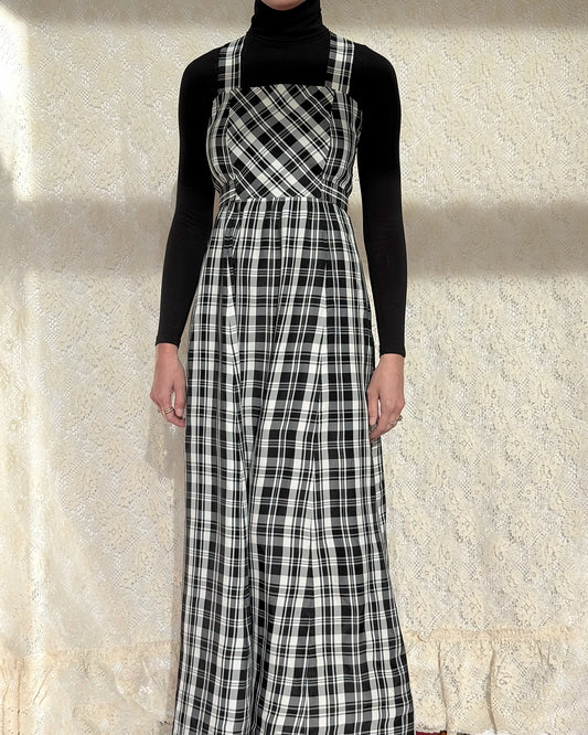 Vintage 1970s Black Tartan Pinafore Maxidress