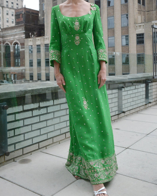 Vintage 1970s Embellished Silk Chiffon Gown, Custom Made
