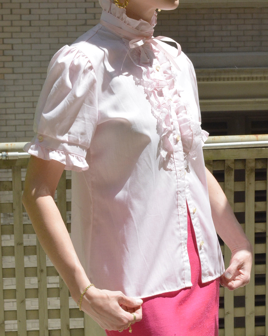 Vintage 1970s Pink Ruffled Blouse with Ribbon Tie