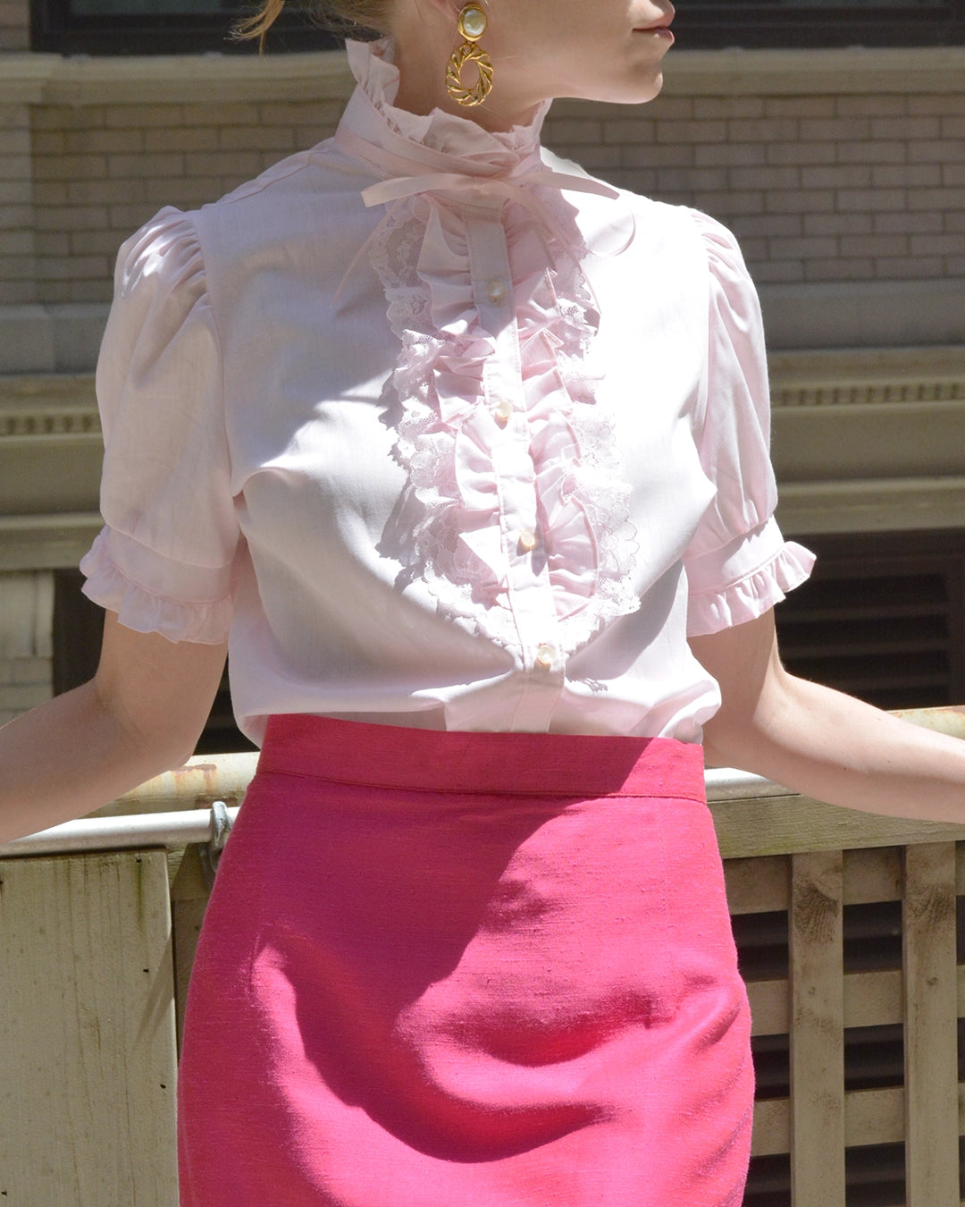Vintage 1970s Pink Ruffled Blouse with Ribbon Tie