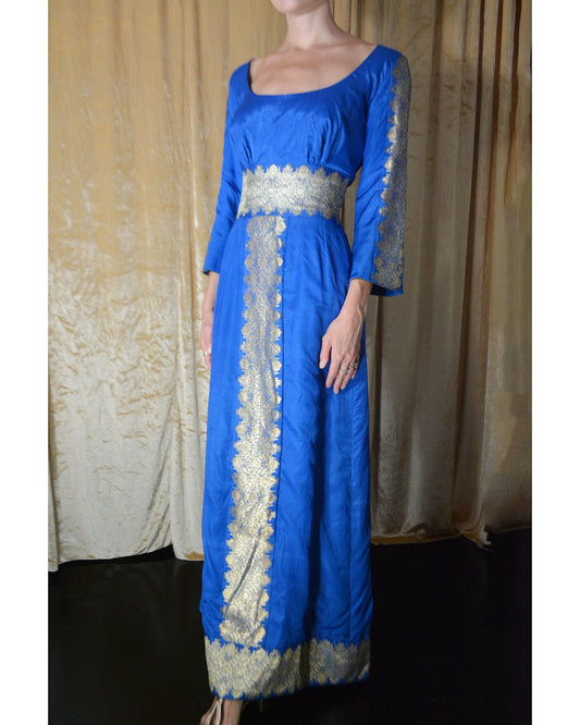 Vintage 1970s Silk Gown with Foil-Printed Metallic Details, Custom Made