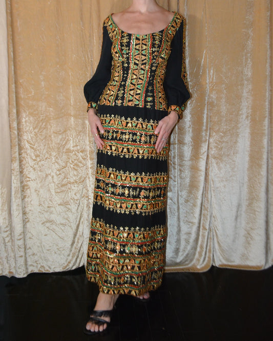 Vintage Silk Gown with Multicolor Embellishment & Appliqué