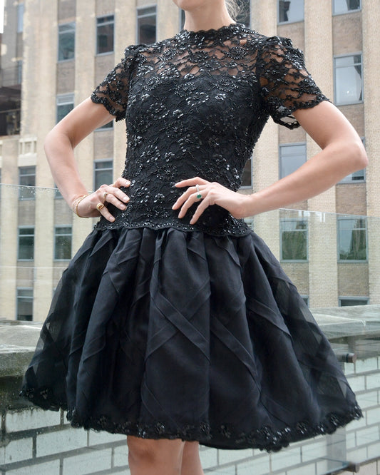 Vintage 1980s Embellished Lace Drop Waist Cocktail Dress