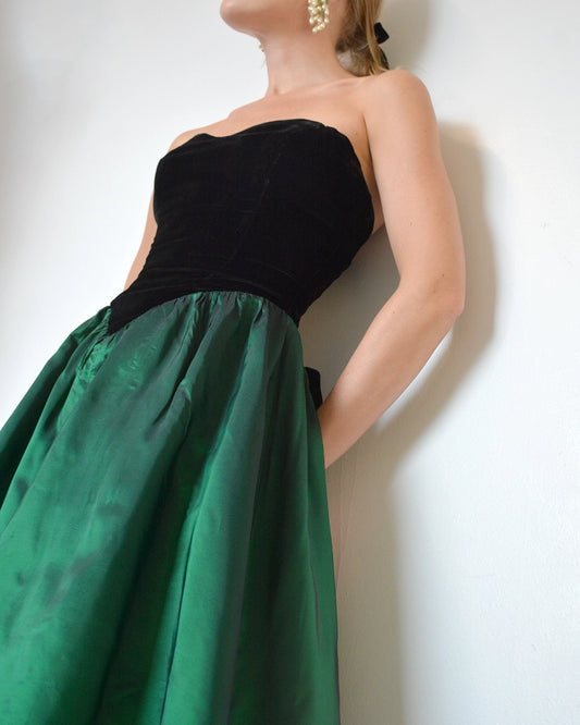 Vintage 1980s Velvet Basque-Waist Party Dress with Bow Detail