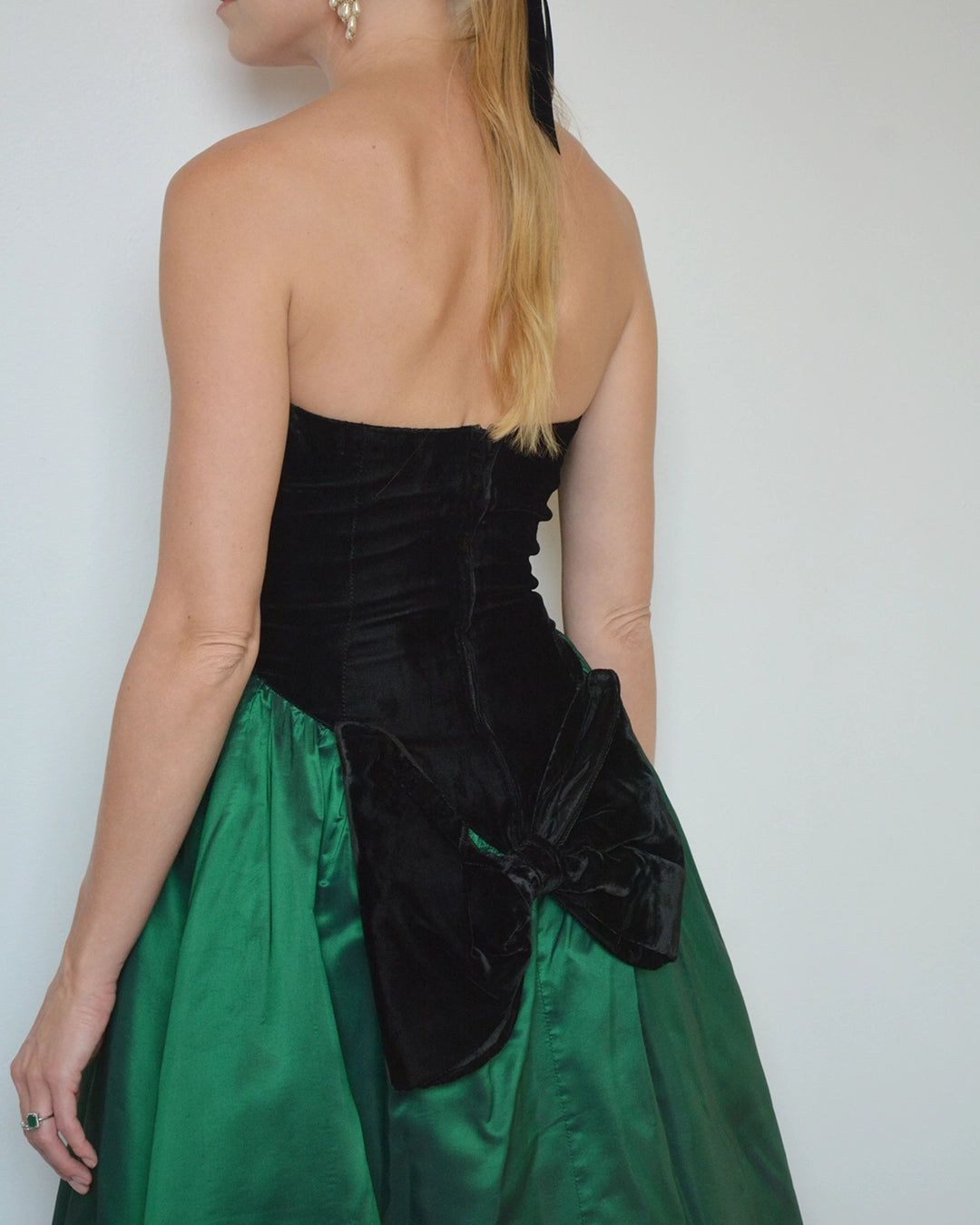 Vintage 1980s Velvet Basque-Waist Party Dress with Bow Detail