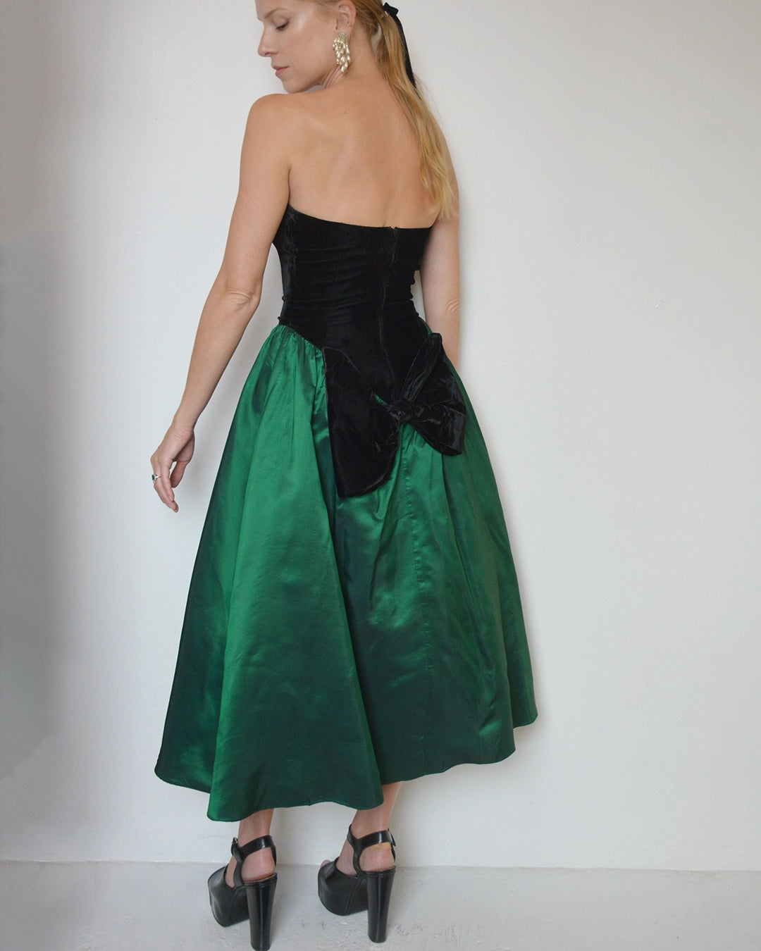 Vintage 1980s Velvet Basque-Waist Party Dress with Bow Detail