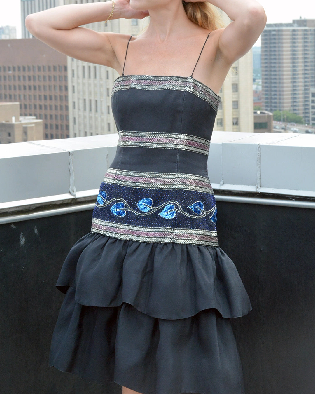Vintage 1980s Victoria Royal Beaded Silk Drop-Waist Cocktail Dress