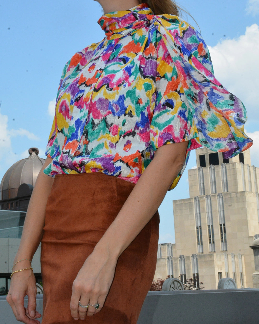 Vintage Abstract Ikat Print Ascot Blouse