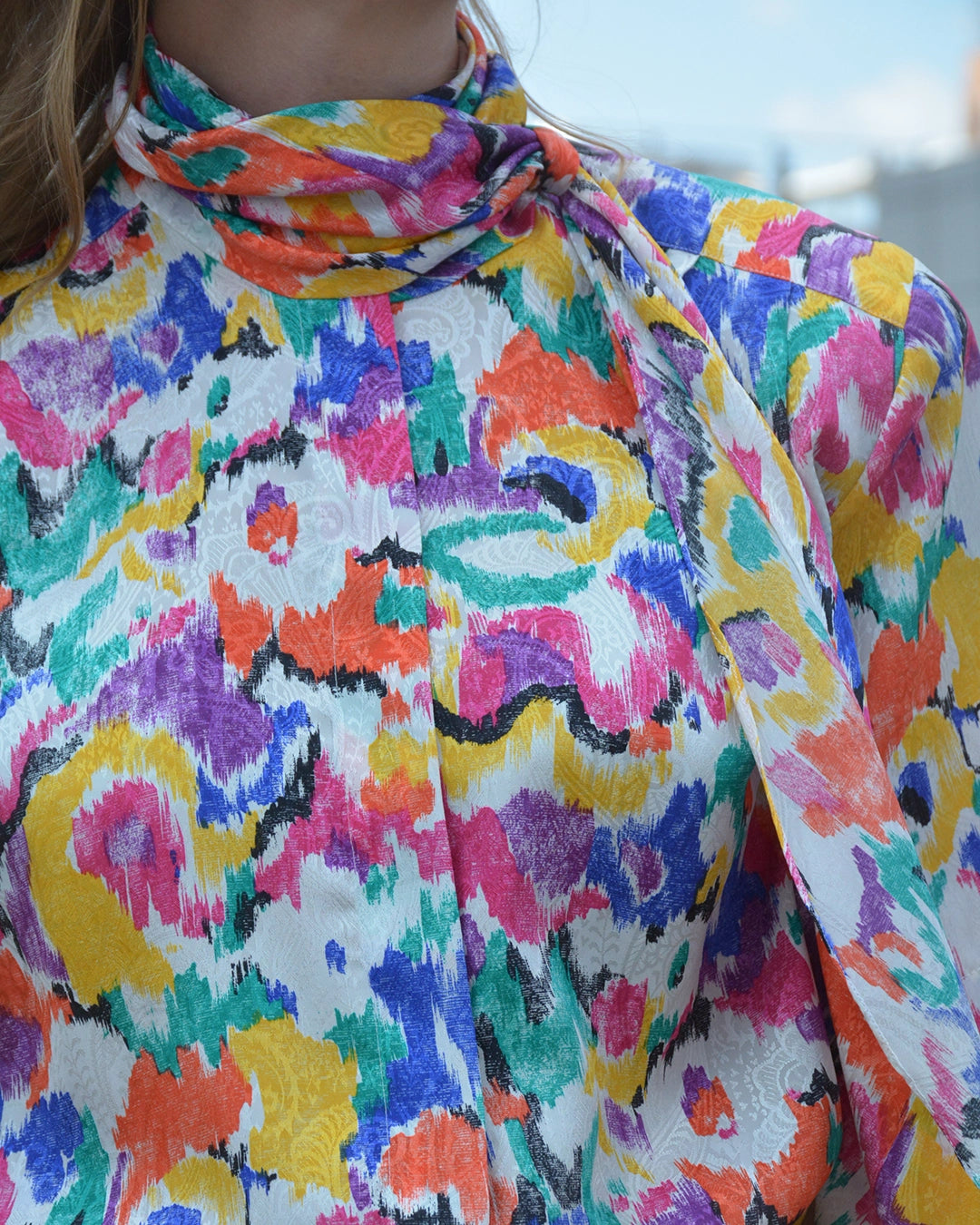 Vintage Abstract Ikat Print Ascot Blouse