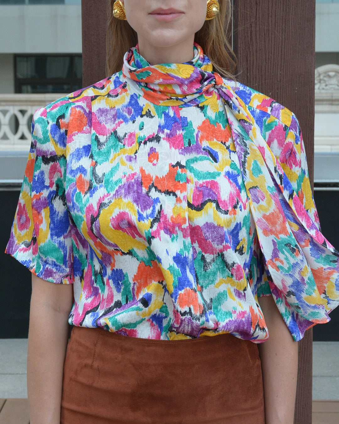 Vintage Abstract Ikat Print Ascot Blouse