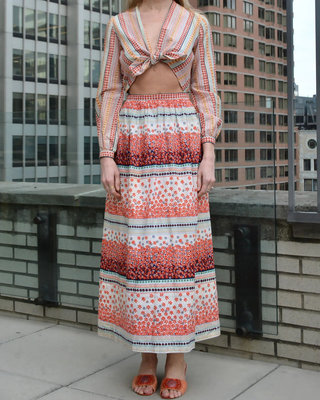 Vintage Adele Simpson Tie-Front Maxidress with Cutout Midriff, circa 1969