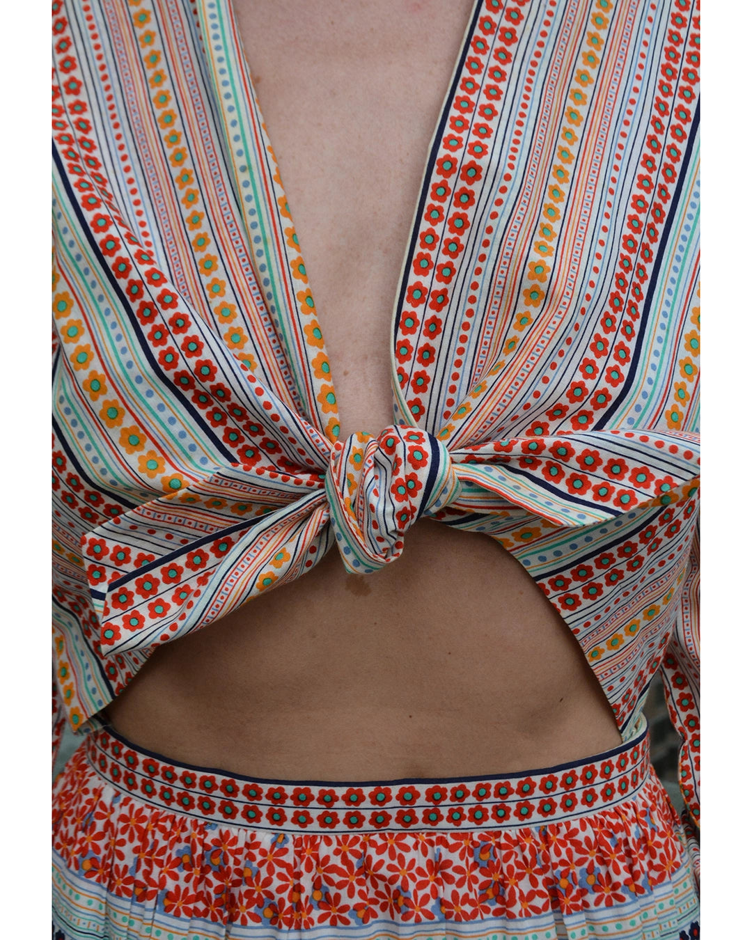 Vintage Adele Simpson Tie-Front Maxidress with Cutout Midriff, circa 1969