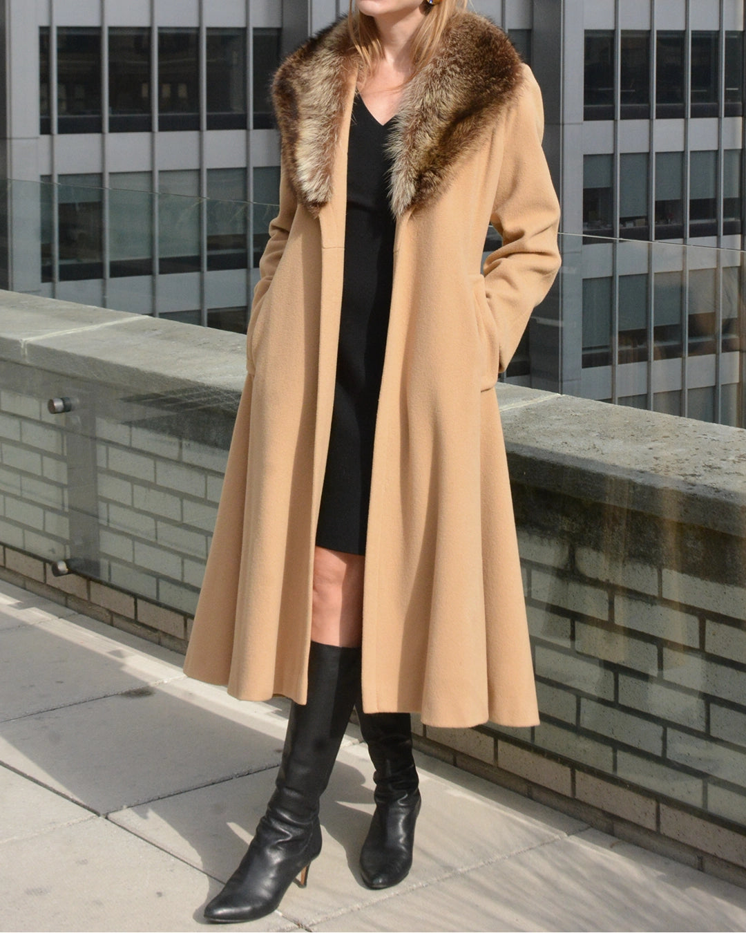 Vintage Belted Wool Princess Coat with Fox Fur Collar
