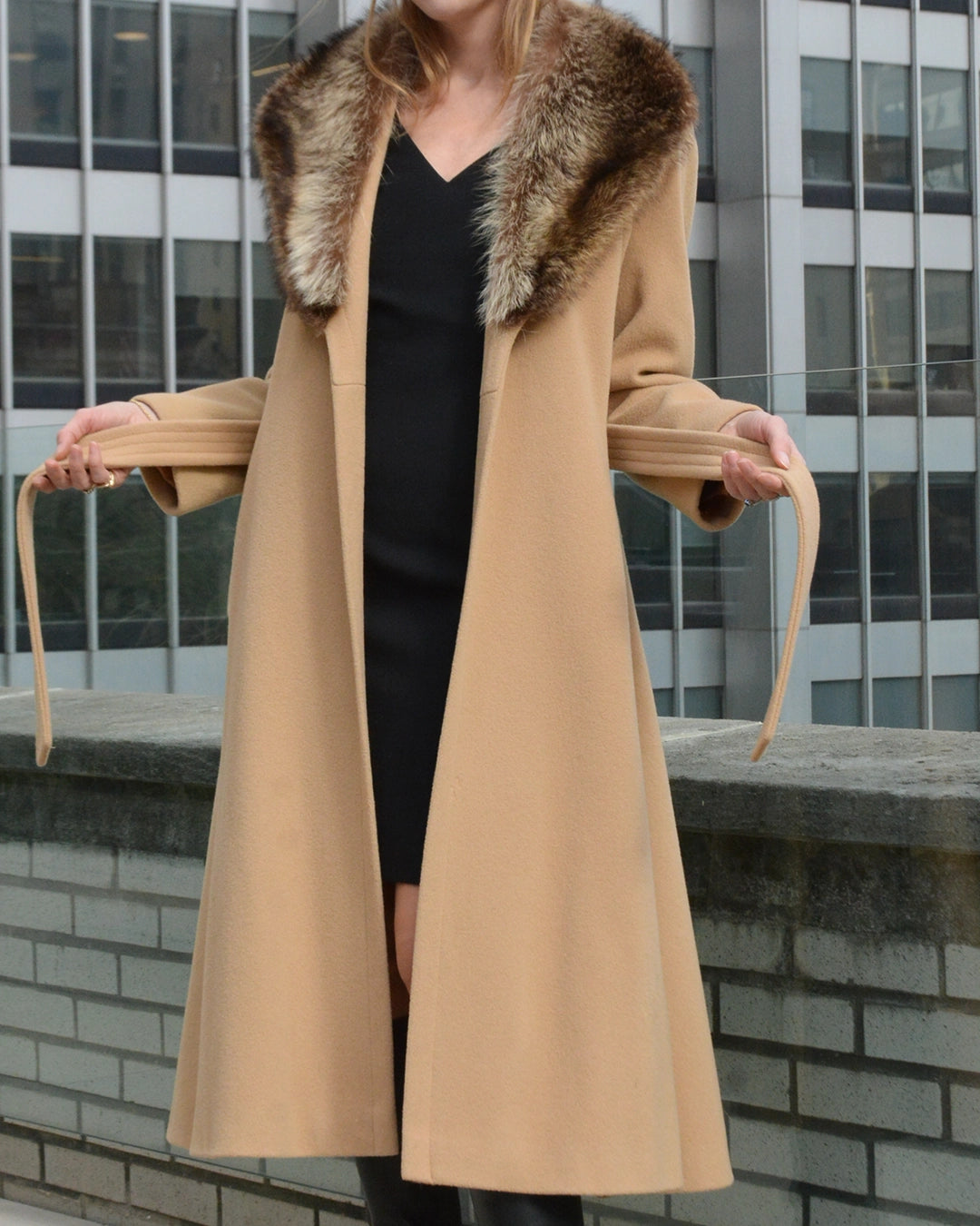 Vintage Belted Wool Princess Coat with Fox Fur Collar