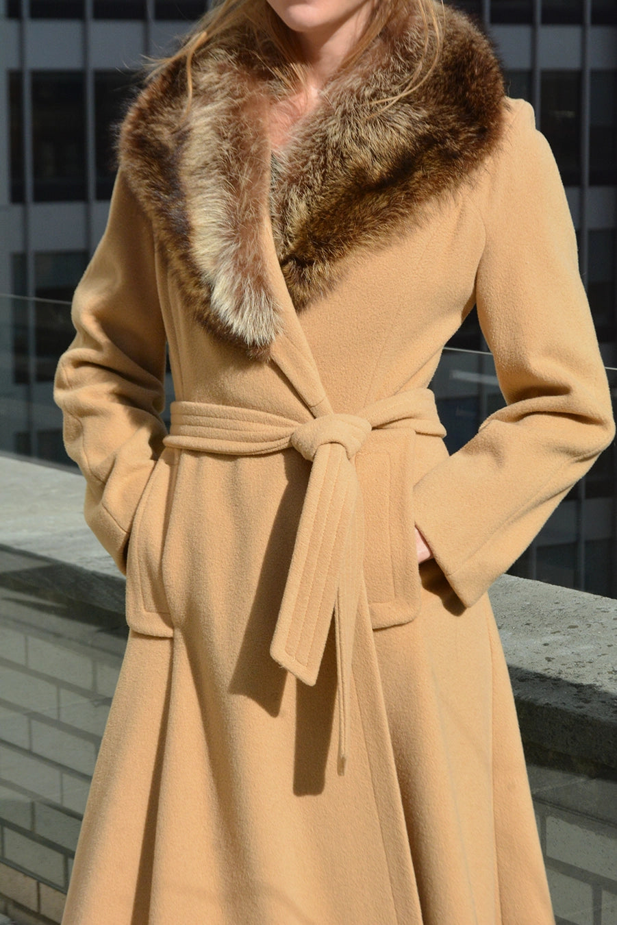 Vintage Belted Wool Princess Coat with Fox Fur Collar