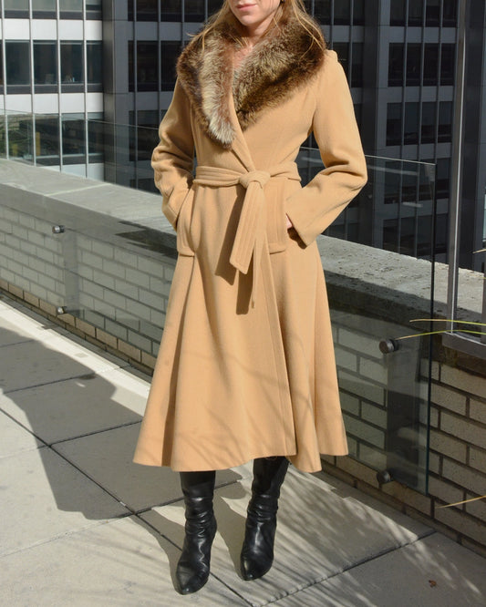 Vintage Belted Wool Princess Coat with Fox Fur Collar