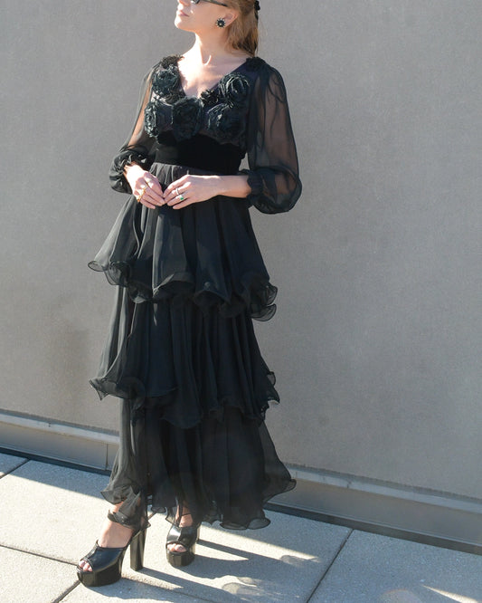 Vintage Black Tiered-Flounce Gown with Rosette Appliqué